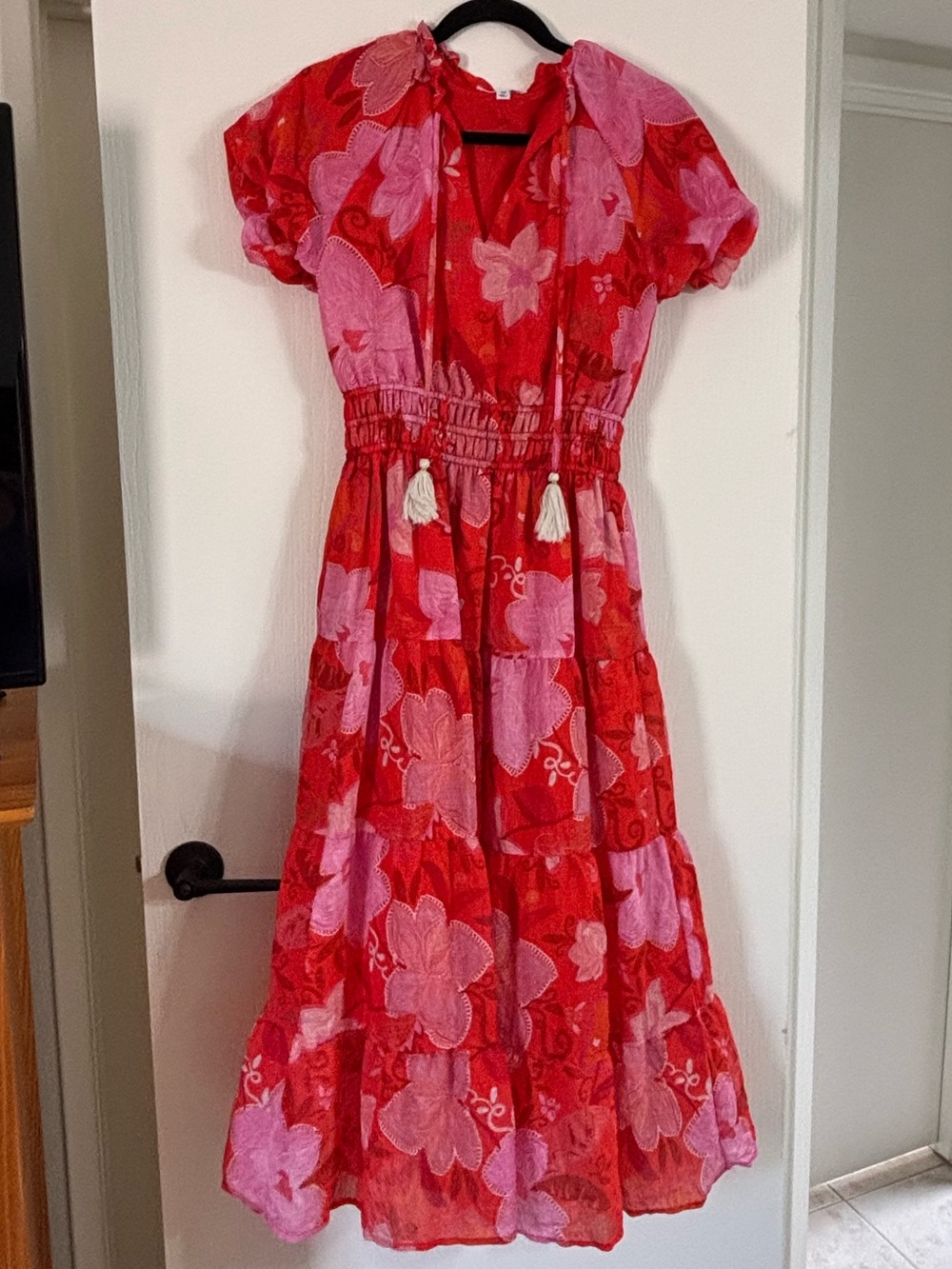 THML Red and Pink Floral Midi Dress with Tassel Waist